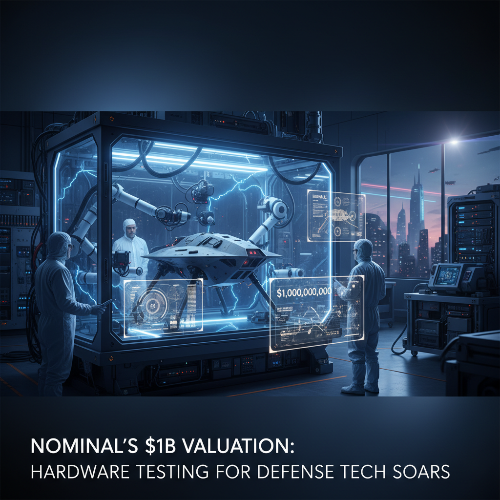 Scientists test advanced defense hardware in a lab with a futuristic drone and holographic data.