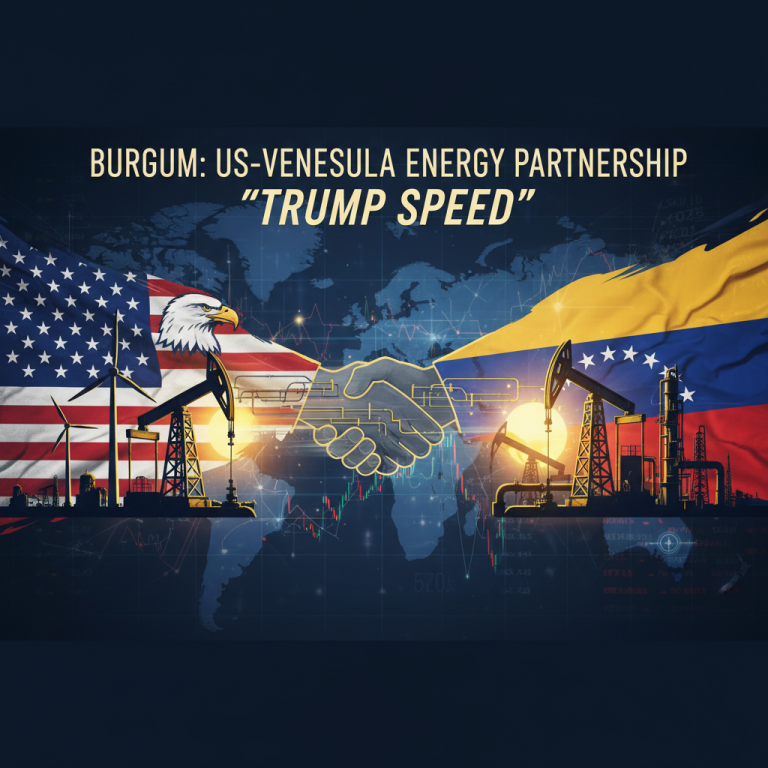 A handshake over a world map, with US and Venezuelan flags, oil derricks, and wind turbines.