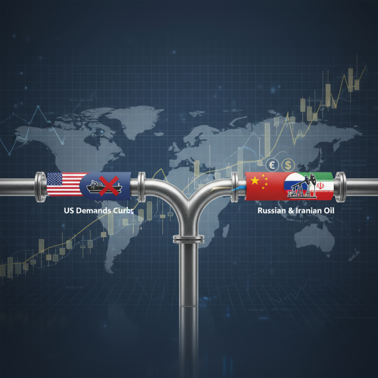 A stylized pipeline showing US demands curbing oil from Russia and Iran, flowing into China. Economic charts in the background.