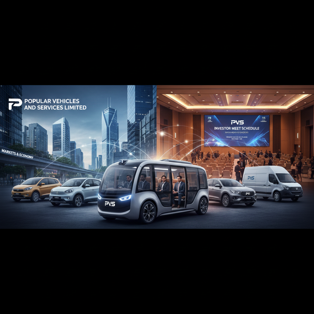 A professional image showing various vehicles and a modern conference hall with an "Investor Meet" screen.
