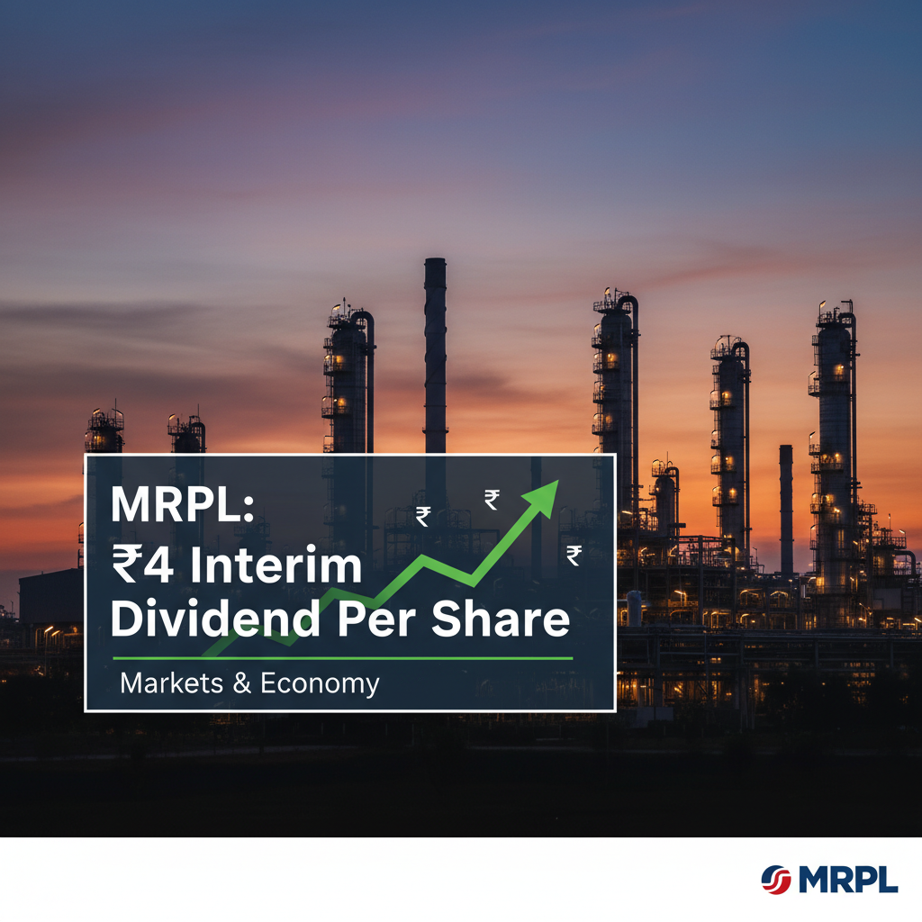 An image showing a refinery with an overlay text "MRPL: ₹4 Interim Dividend Per Share" and an upward trend arrow.