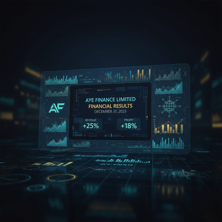 A professional digital display showing "Aye Finance Limited Financial Results December 31, 2025" with charts and data.