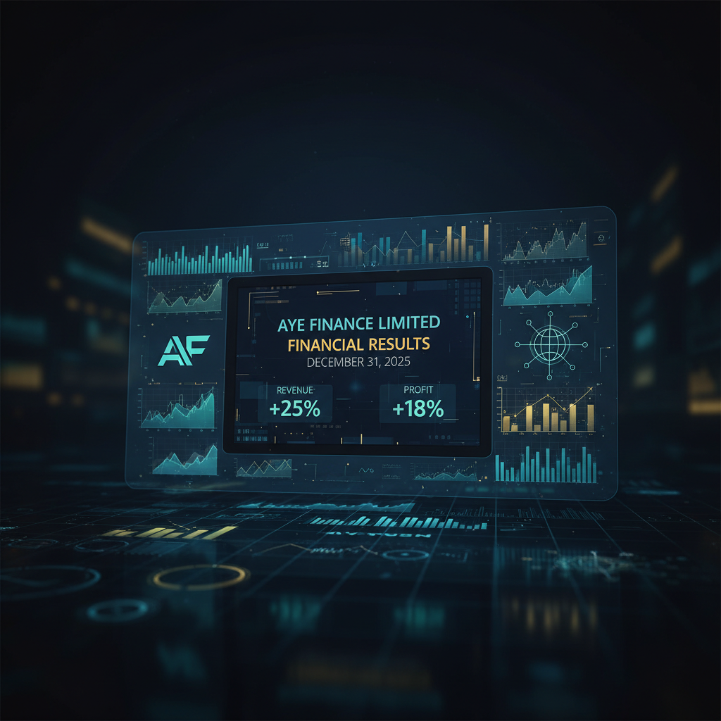 A professional digital display showing "Aye Finance Limited Financial Results December 31, 2025" with charts and data.