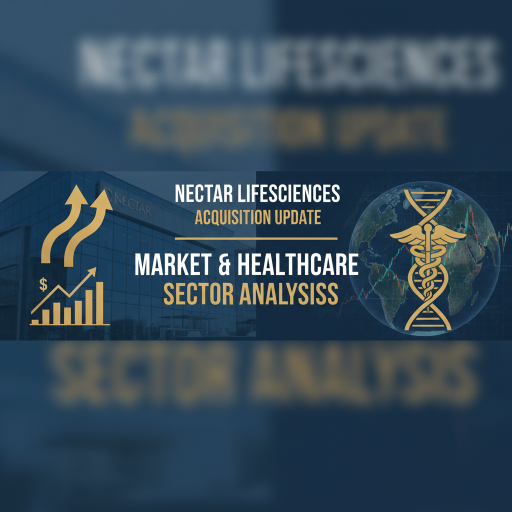 A banner with a building, rising arrows, a globe with a DNA helix and caduceus, and a stock chart.