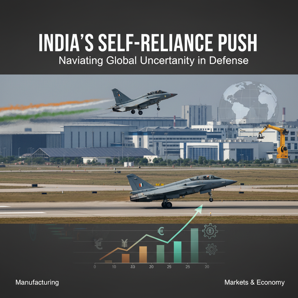 Fighter jets, manufacturing, globe, and economic charts symbolizing India's push for defense self-reliance.