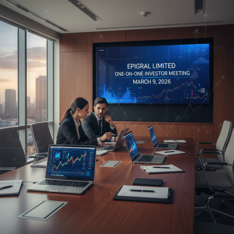 Two professionals in a modern boardroom, laptops displaying financial data, with "Epigral Limited Investor Meeting" on a large screen.
