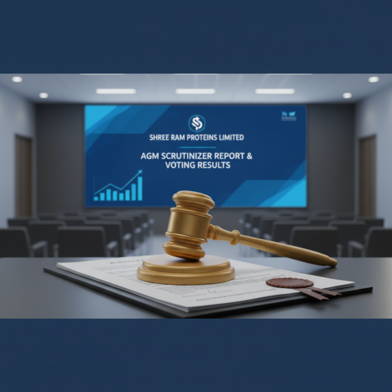 A gavel and document on a table, with a screen displaying "Shree Ram Proteins Limited AGM Scrutinizer Report & Voting Results"