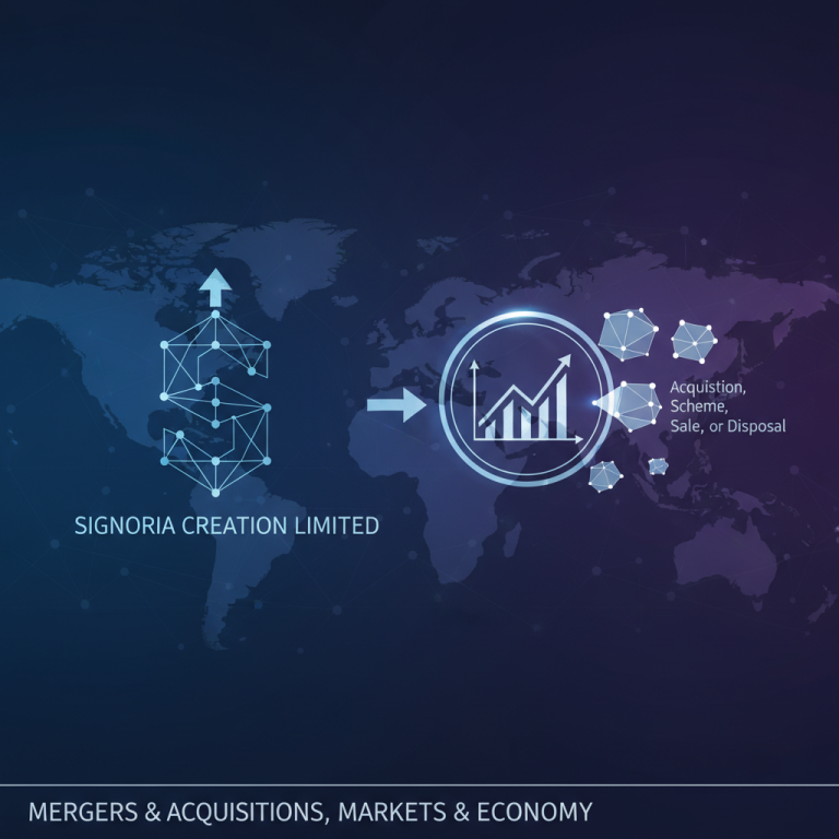 A professional visual representing Signoria Creation Limited's financial update on acquisition, scheme, sale, or disposal.
