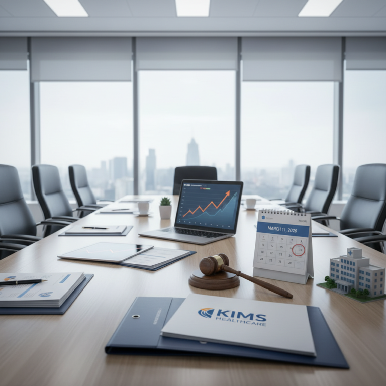 A professional conference room with a KIMS Healthcare folder, a gavel, a calendar marked March 11, 2026, and a laptop displaying financial charts.