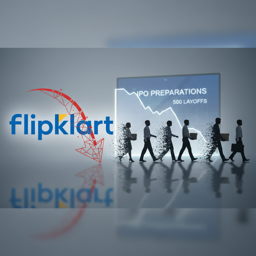 A professional image depicting Flipkart's logo, a downward trend arrow, and silhouettes of people dissolving, symbolizing layoffs.