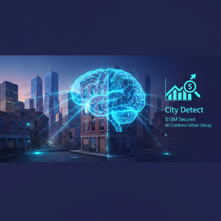 A digital brain glowing over a transitioning city scene, symbolizing AI's role in urban renewal.