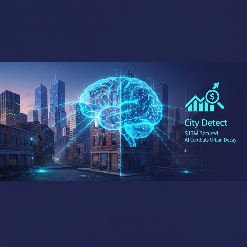A digital brain glowing over a transitioning city scene, symbolizing AI's role in urban renewal.