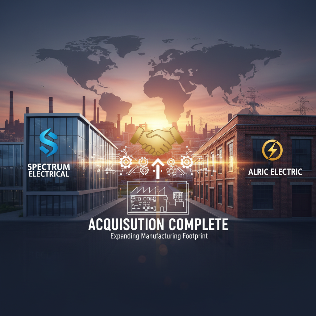 Two distinct buildings, representing Spectrum Electrical and Alric Electric, with a handshake icon between them.