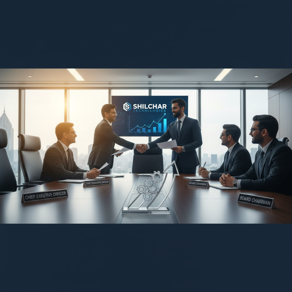 Professional business people shaking hands in a boardroom meeting with Shilchar Technologies logo on screen.