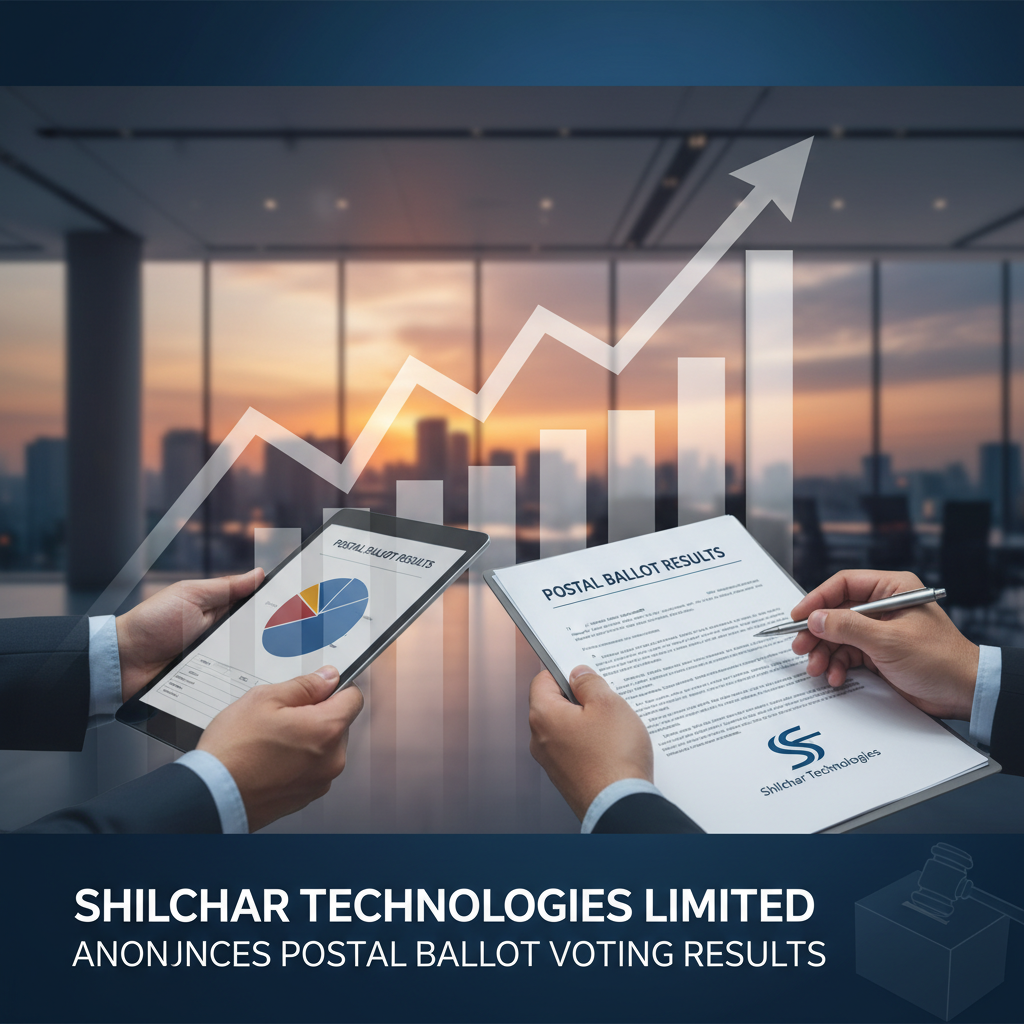 Two people reviewing "Postal Ballot Results" documents with a rising stock market graph overlay.