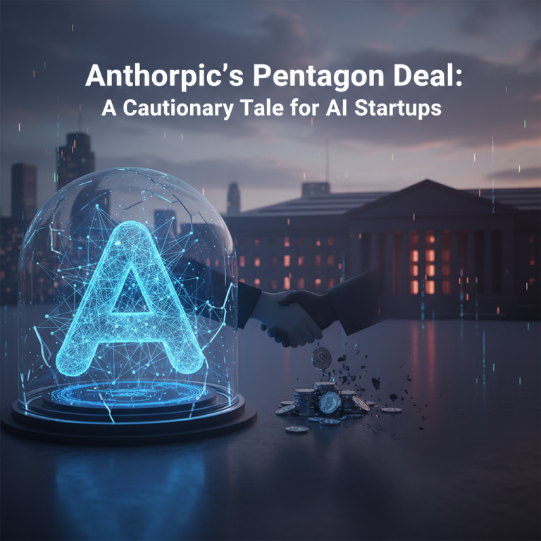 A glowing "A" for AI in a glass dome, with a handshake and coins, representing a tech deal against a city and government building.