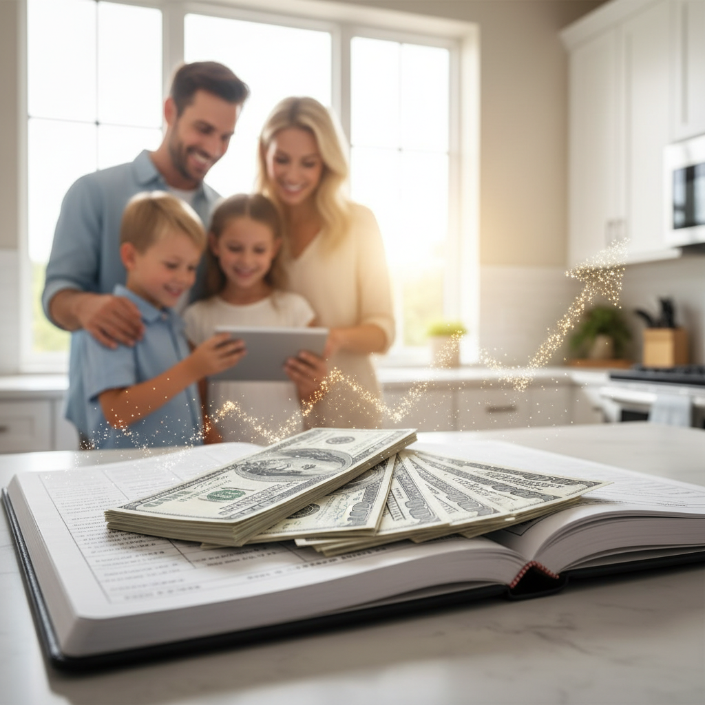 A family in a bright kitchen with money on a budget book, symbolizing increased household income.