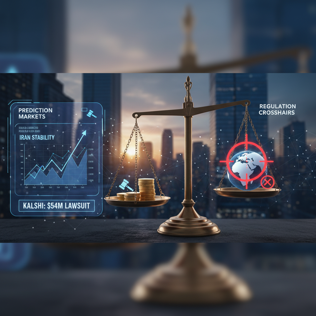 A balanced scale with prediction market data and a globe in crosshairs, symbolizing the Kalshi lawsuit.