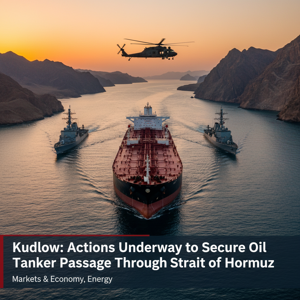 A large oil tanker escorted by two warships and a helicopter in a strait with mountains at sunset.