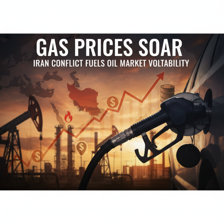 A gas pump nozzle filling a car, with oil derricks and a world map showing Iran in the background, overlaid with an upward trend graph and text.
