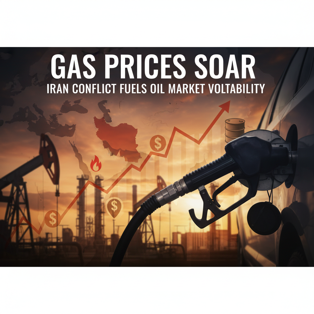 A gas pump nozzle filling a car, with oil derricks and a world map showing Iran in the background, overlaid with an upward trend graph and text.