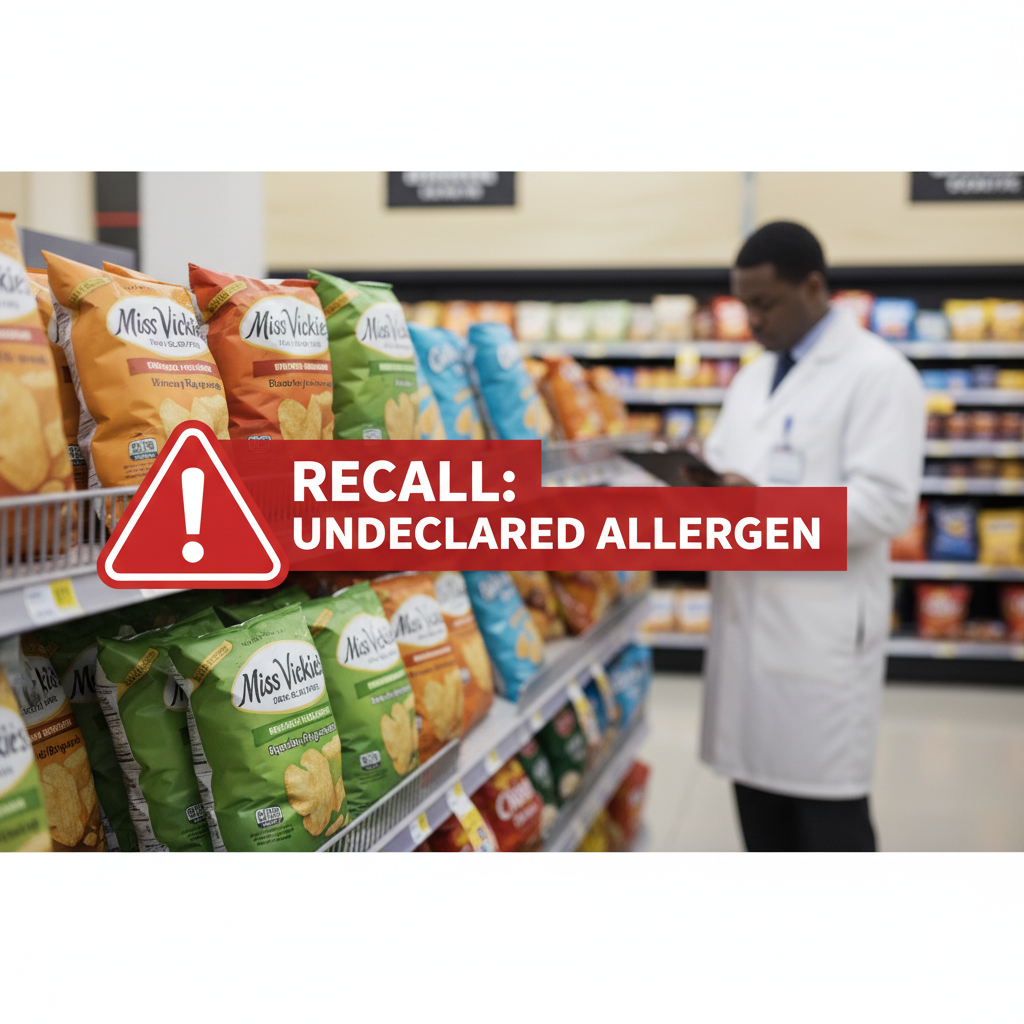 A recall warning overlayed on Miss Vickie's chips display in a store, with a blurred inspector in the background.