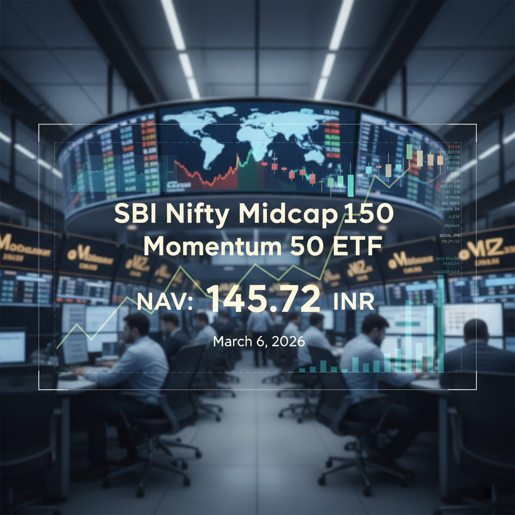 A professional image with the text "SBI Nifty Midcap 150 Momentum 50 ETF NAV: 145.72 INR March 6, 2026"