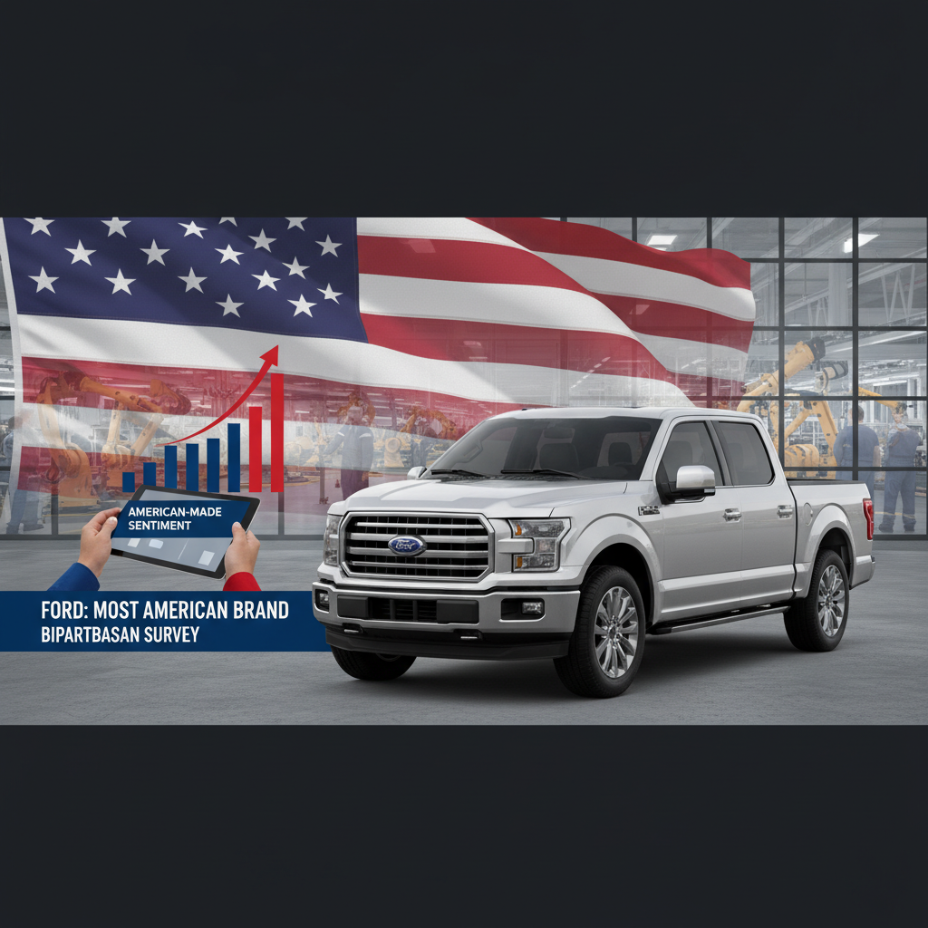 A silver Ford pickup truck in a factory setting with a waving American flag and a bar graph showing increased sentiment.