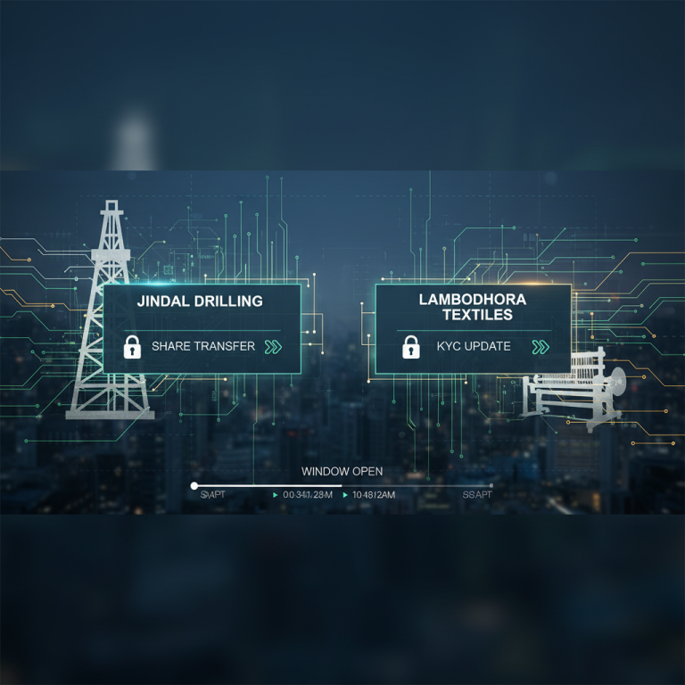 A professional digital interface with icons for Jindal Drilling (oil rig, share transfer) and Lambodhara Textiles (textile machine, KYC update).
