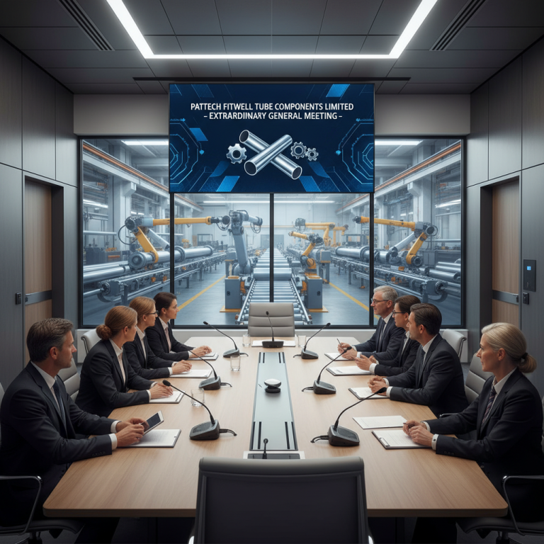Business professionals in a boardroom with a screen displaying "PATTECH FITWELL TUBE COMPONENTS LIMITED - EXTRAORDINARY GENERAL MEETING -" and a background of robotic arms in a factory.