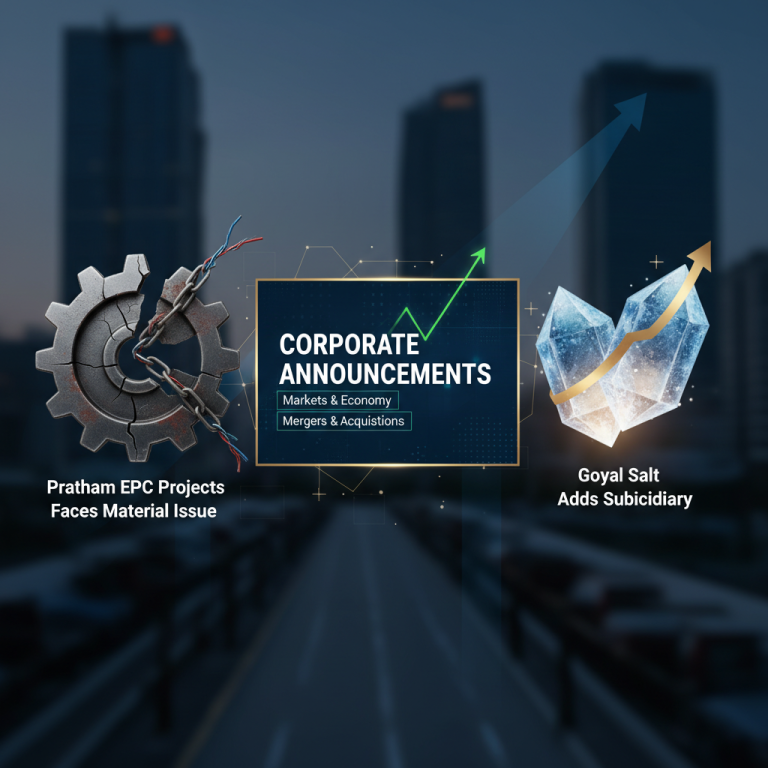 Professional image depicting corporate news: a broken gear for "material issue" and growing crystals for "adds subsidiary."