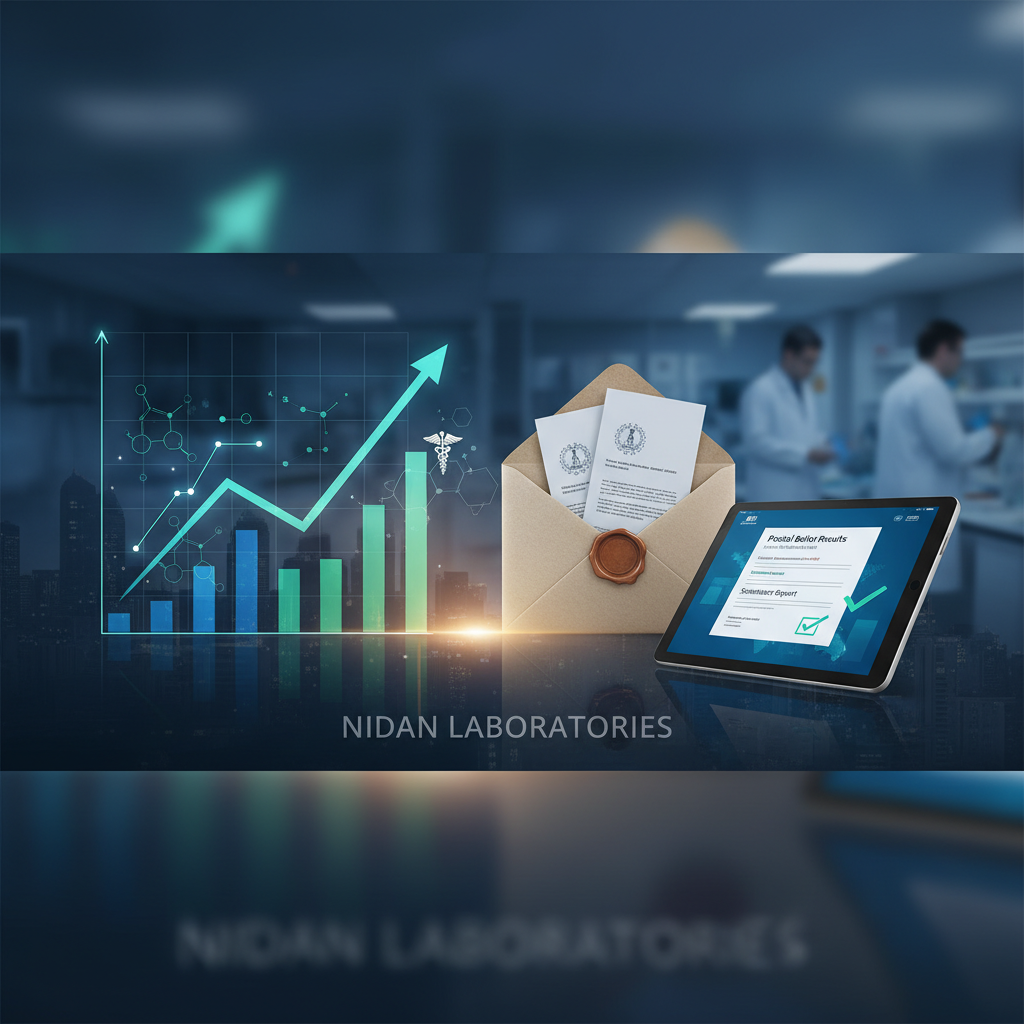 A professional image showing a graph, medical caduceus, an open envelope with documents, and a tablet displaying "Postal Ballot Results" with a checkmark.