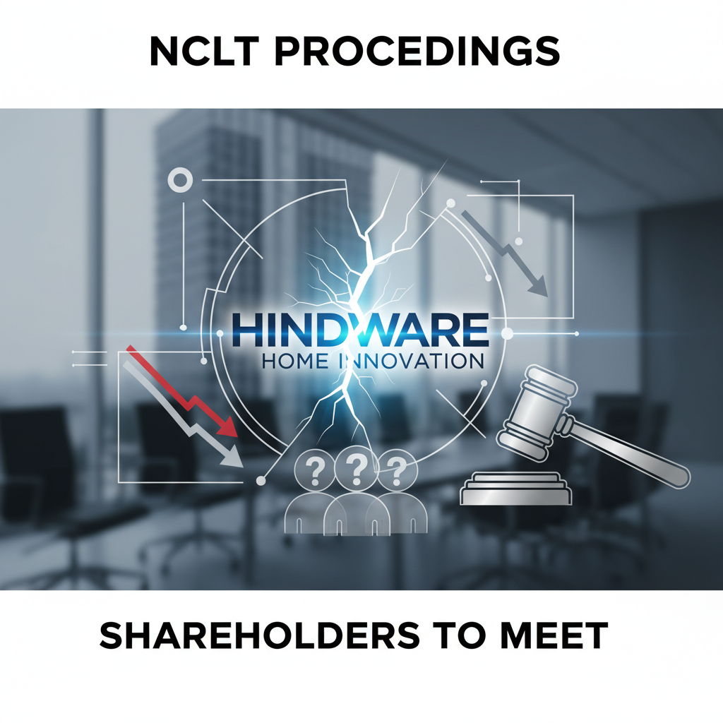 Conceptual image showing Hindware logo, downward trend arrow, gavel, and question marks, symbolizing legal and financial issues.