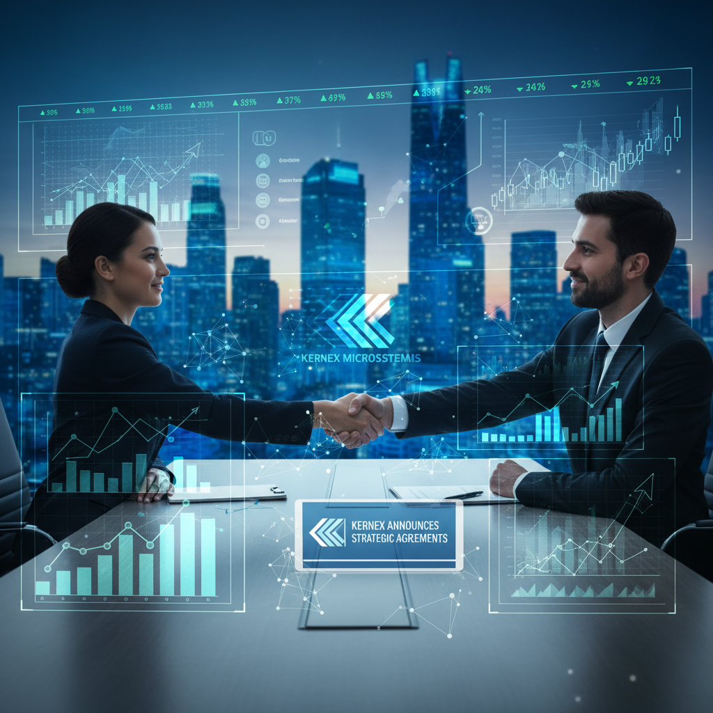 Two business professionals shaking hands across a table, with overlayed financial charts and the Kernex Microsystems logo.