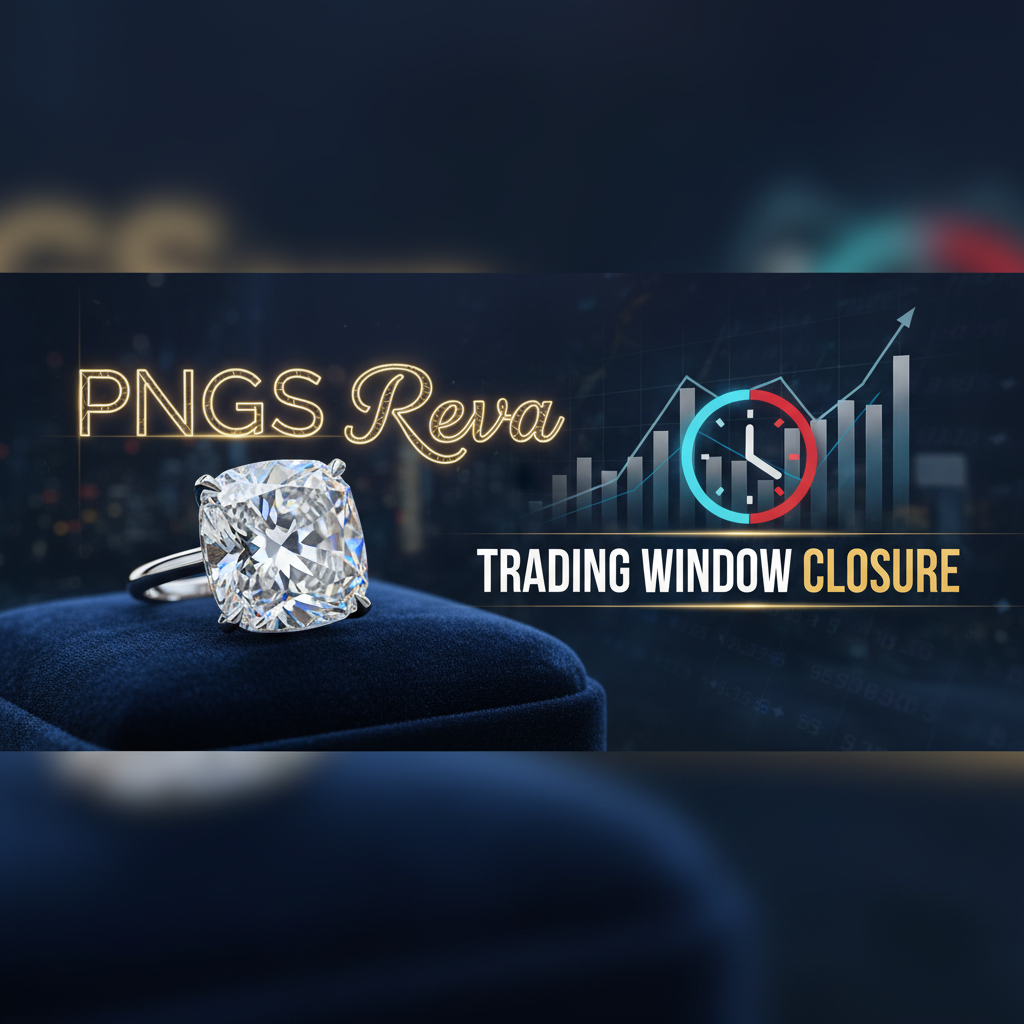A cushion-cut diamond ring in a velvet box with a digital overlay showing "PNGS Reva" and "Trading Window Closure"