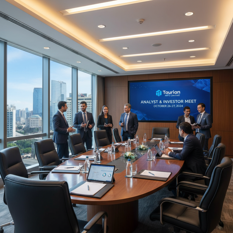 A group of professionals in suits discussing business in a modern boardroom with a large screen displaying "Analyst & Investor Meet."
