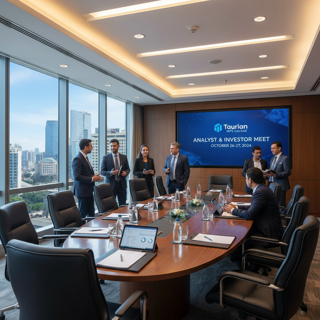 A group of professionals in suits discussing business in a modern boardroom with a large screen displaying "Analyst & Investor Meet."
