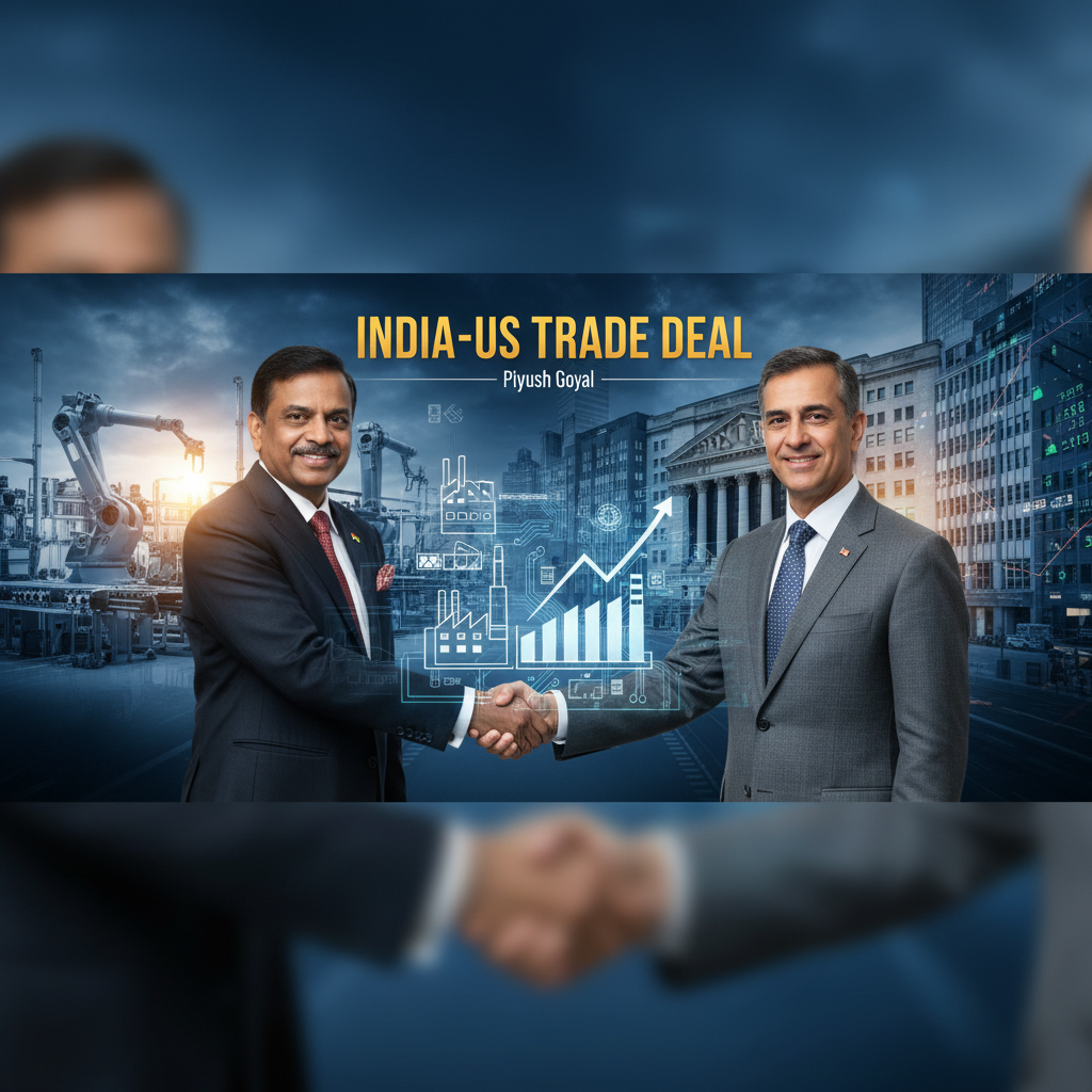 Two men in suits shake hands, symbolizing an India-US trade deal, with industrial and economic graphics in the background.
