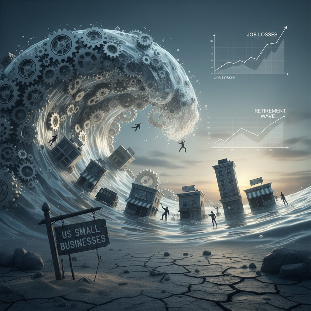 A large wave made of gears crashes over small business storefronts, with graphs showing rising job losses and retirements.