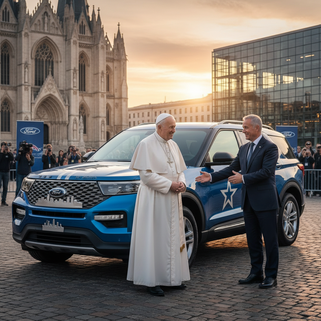 Pope Leo XIV and a Ford executive shake hands next to a blue Ford Explorer, with a cathedral in the background.