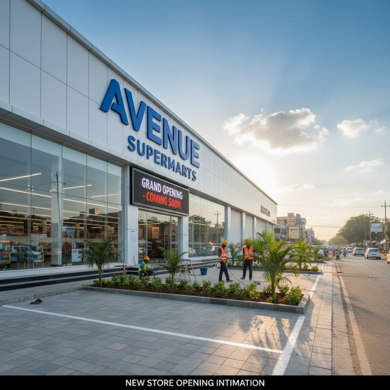 A wide exterior shot of a modern Avenue Supermarts store at dusk, with construction workers doing finishing touches.
