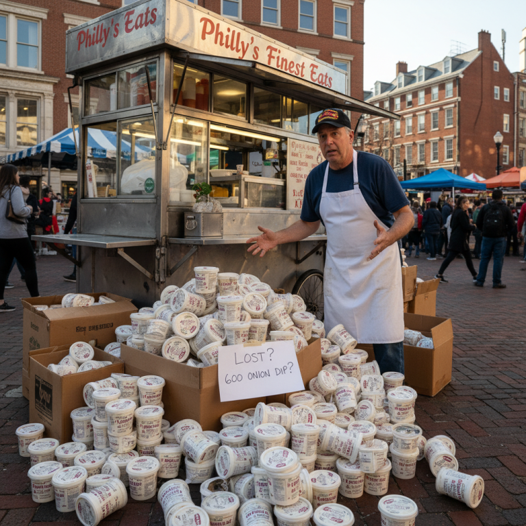 A food stand owner stands in front of his cart, gesturing to a massive, mysterious delivery of onion dip tubs.