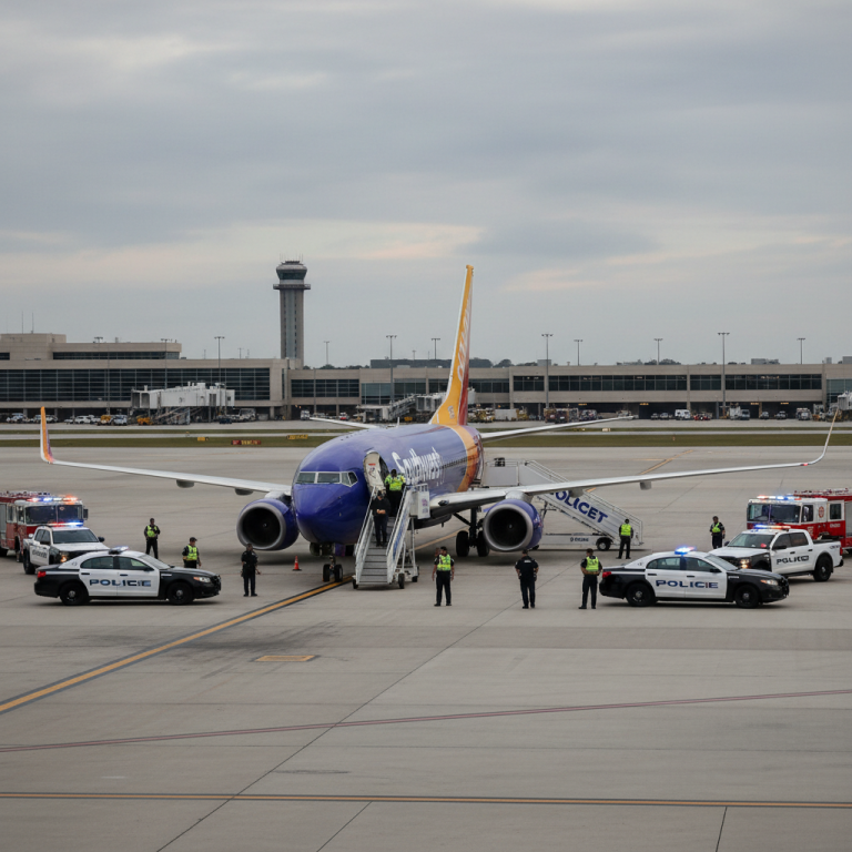 Southwest Airlines plane on tarmac surrounded by police cars, emergency vehicles, and personnel after a security incident.