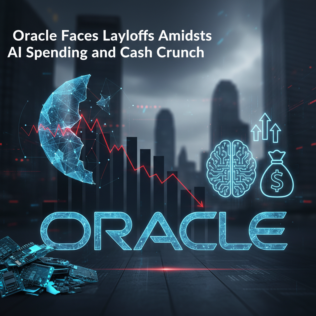 Digital illustration showing "ORACLE" text, a downward trend graph, AI brain, money bag, and tech components.