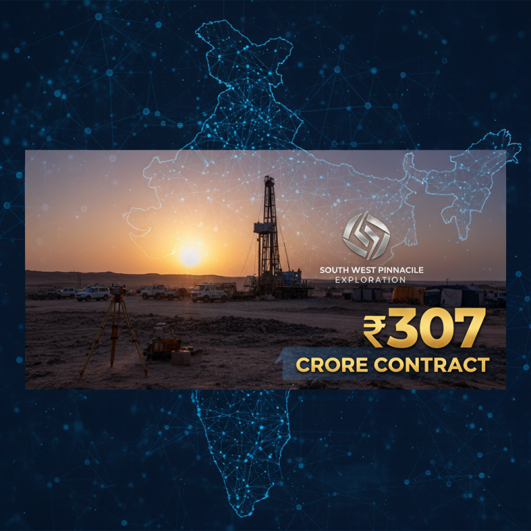 A professional header image for an article about South West Pinnacle Exploration's ₹307 Crore contract, featuring an oil rig at sunset.