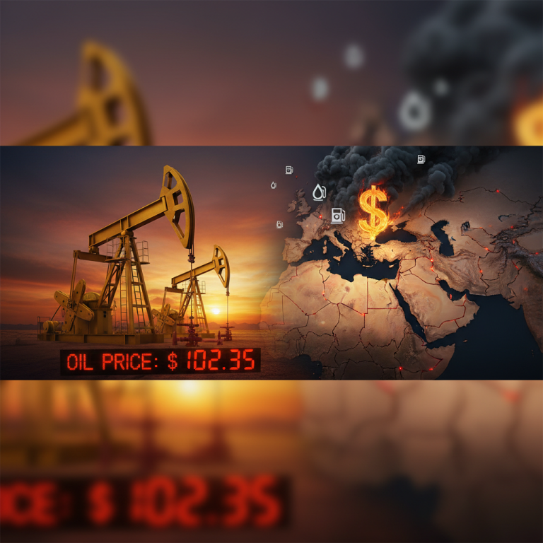 An oil rig at sunset merged with a map of the Middle East and a dollar sign engulfed in smoke, indicating rising oil prices and conflict.