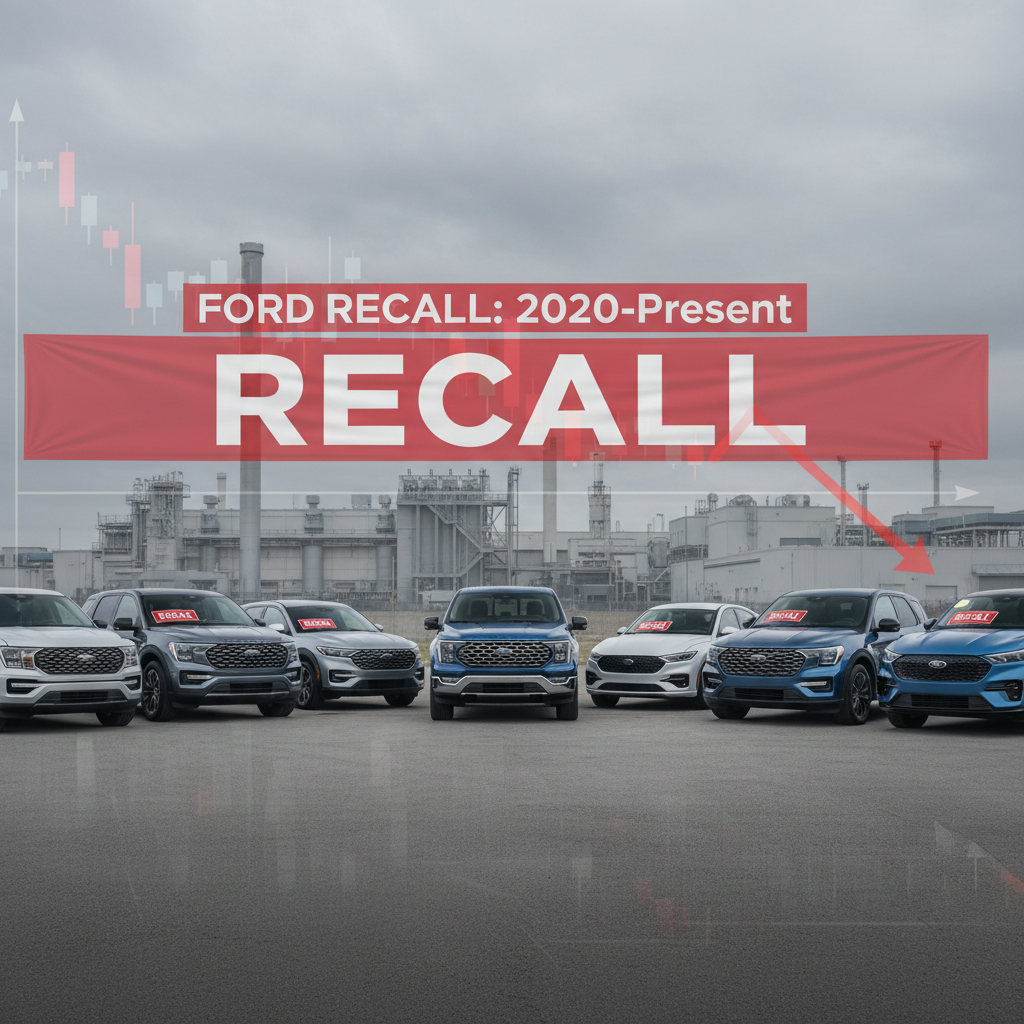 Various Ford models with "RECALL" tags in front of a factory, overlaid with a declining stock chart.