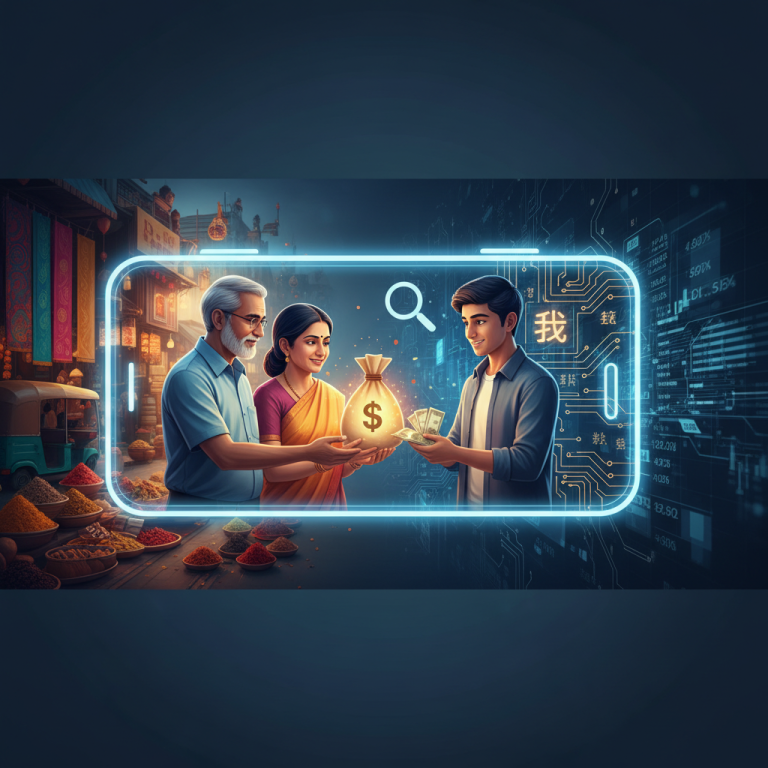 A digital illustration showing Indian parents giving money to a young man, framed by a glowing smartphone interface.