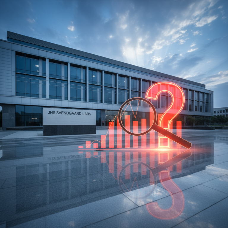 A modern building with "JHS Svendgaard Labs" signage, overlaid with glowing red question mark, magnifying glass, and bar graph.