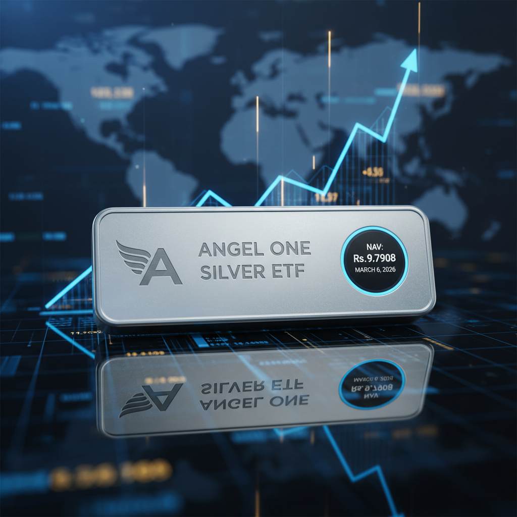 A silver bar representing Angel One Silver ETF with NAV Rs. 9.7908, set against a glowing financial chart and world map.